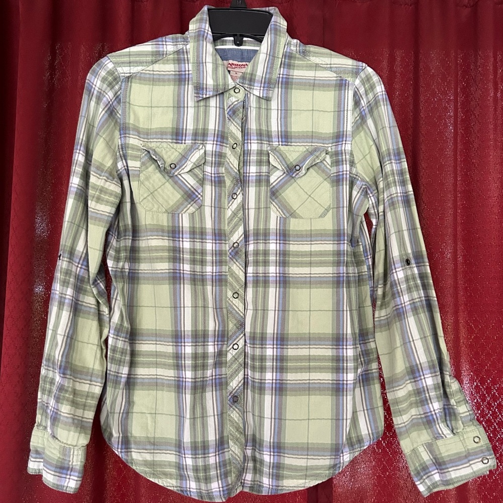 Arizona women’s long sleeve snap down plaid green/white/purple size medium